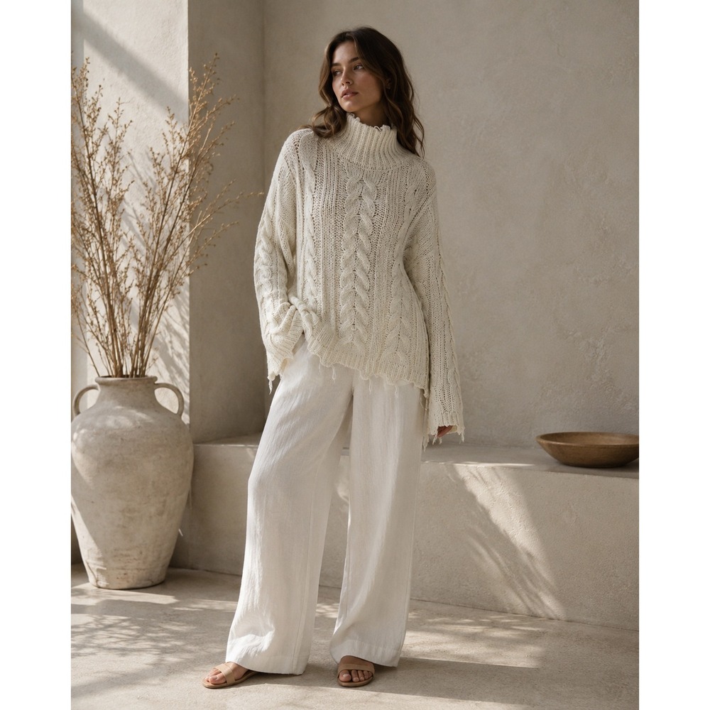 Elan Ivory Cable Knit Turtleneck Sweater Medium Distressed Hem Chunky Cozy Boho